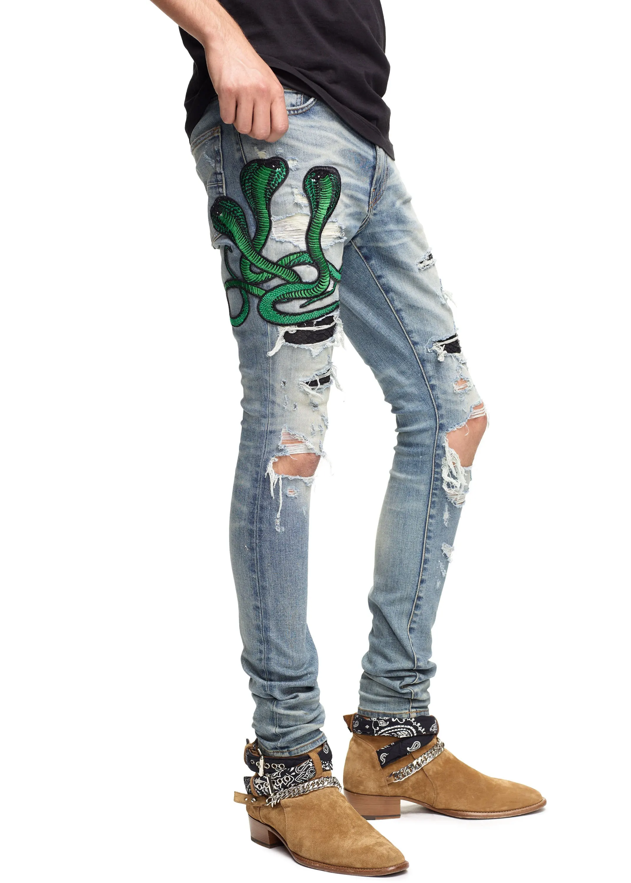 
DiZNEW 3D Distressed Stacks embroidered Snake Whiskers Denim Jean For Men 