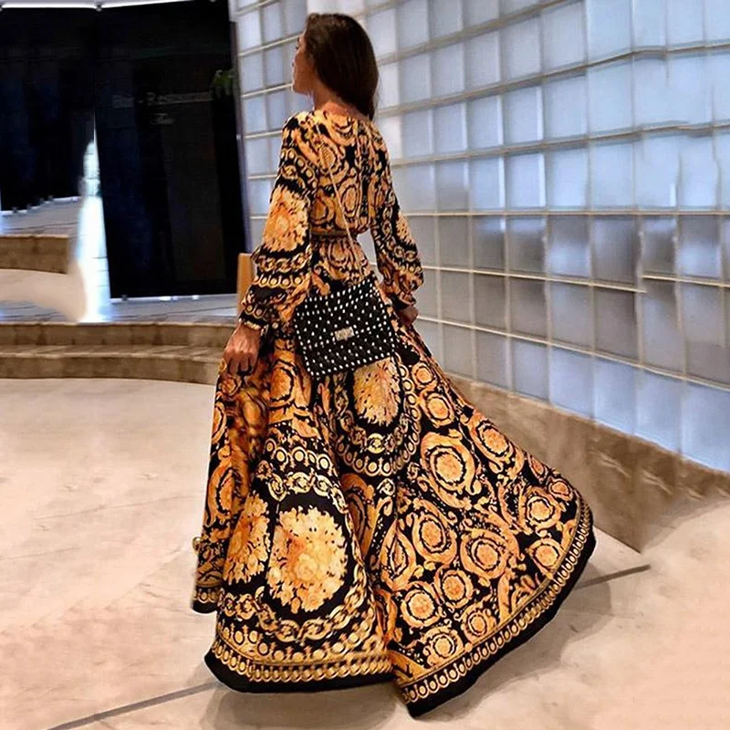 

womens clothes 2019 new women's high-end dress deep V-neck split dress digital printed dress