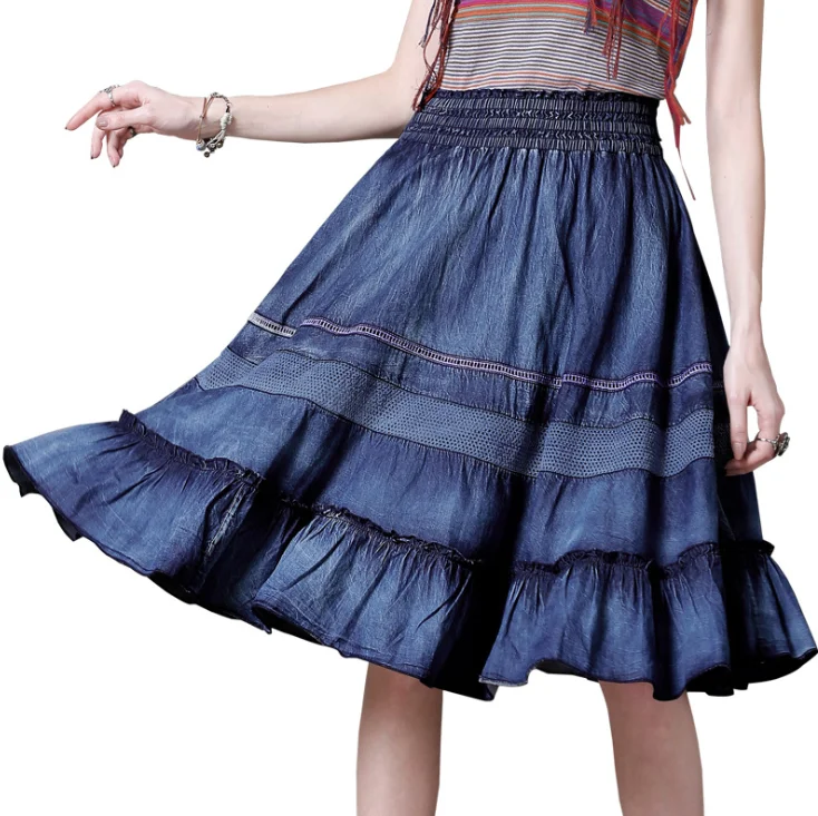 

2019 Summer patchwork vintage ruffled ball gown denim skirt for ladies