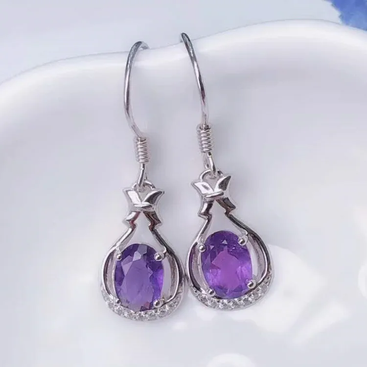 

natural amethyst gemstone jewelry 925 silver pendant earring 18k gold plated women earring, Purple