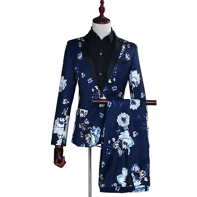 

In-Stock White flower Floral Blue printed Slim Fit Flap Pocket Coat Pant 2 pieces Men Suit