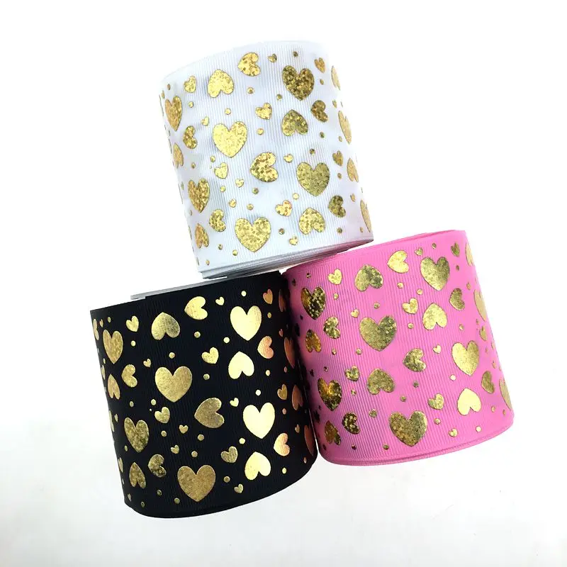 

3inch Valentine's Day ribbon , gold hologram heart printed with grosgrain ribbon ,DIY Jojo siwa bow, 196 colors for choose