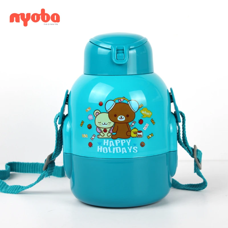 

2019 NEW wholesale leak-proof large plastic portable Multi-function Cartoon with rope and straw outdoor kid child water bottle, Blue,green,purple