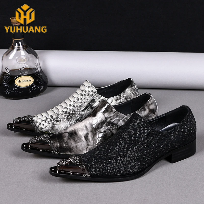 

Luxury Formal Men Genuine Leather Flat Wedding Shoes Mens Brogue Business Casual Party shoes, White & black & snakeskin