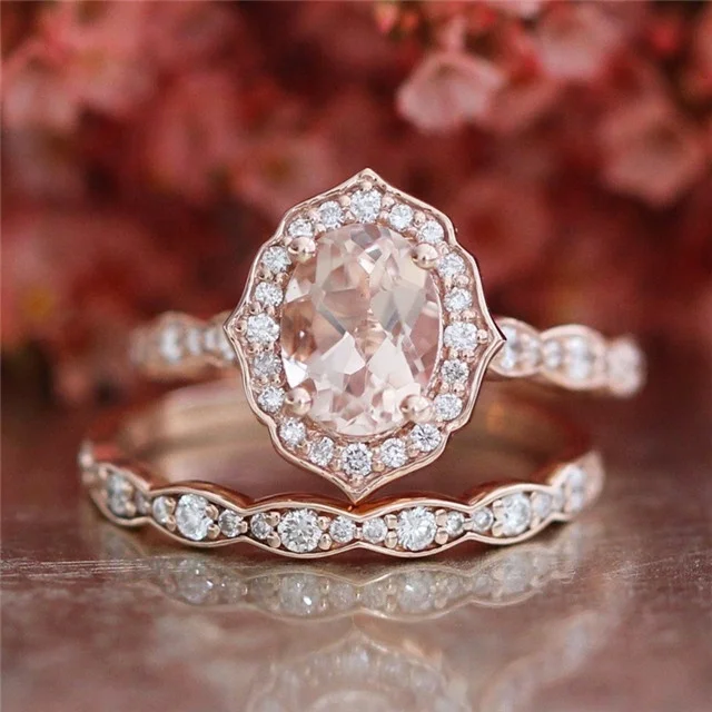 

Female Big Oval Stone Ring Set Luxury Silver/Rose Gold Ring Vintage Wedding Band Promise Engagement Rings For Women