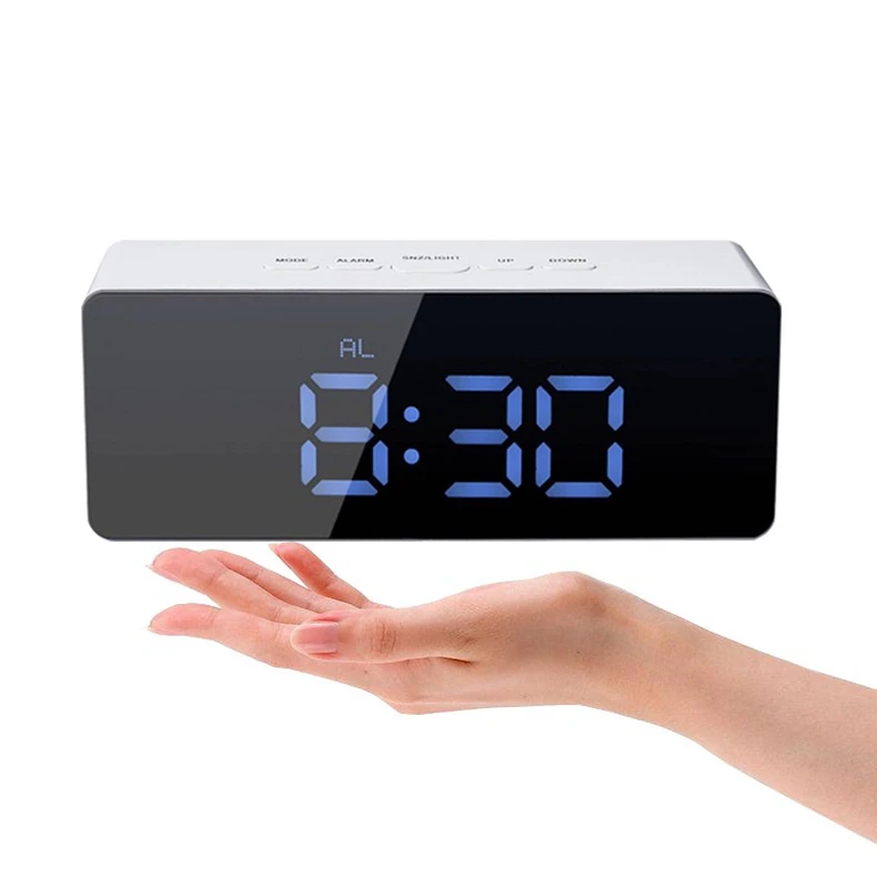 

Hot selling popular Digital led Mirror Alarm Clock USB Charging Tabletop electronic Clock, White