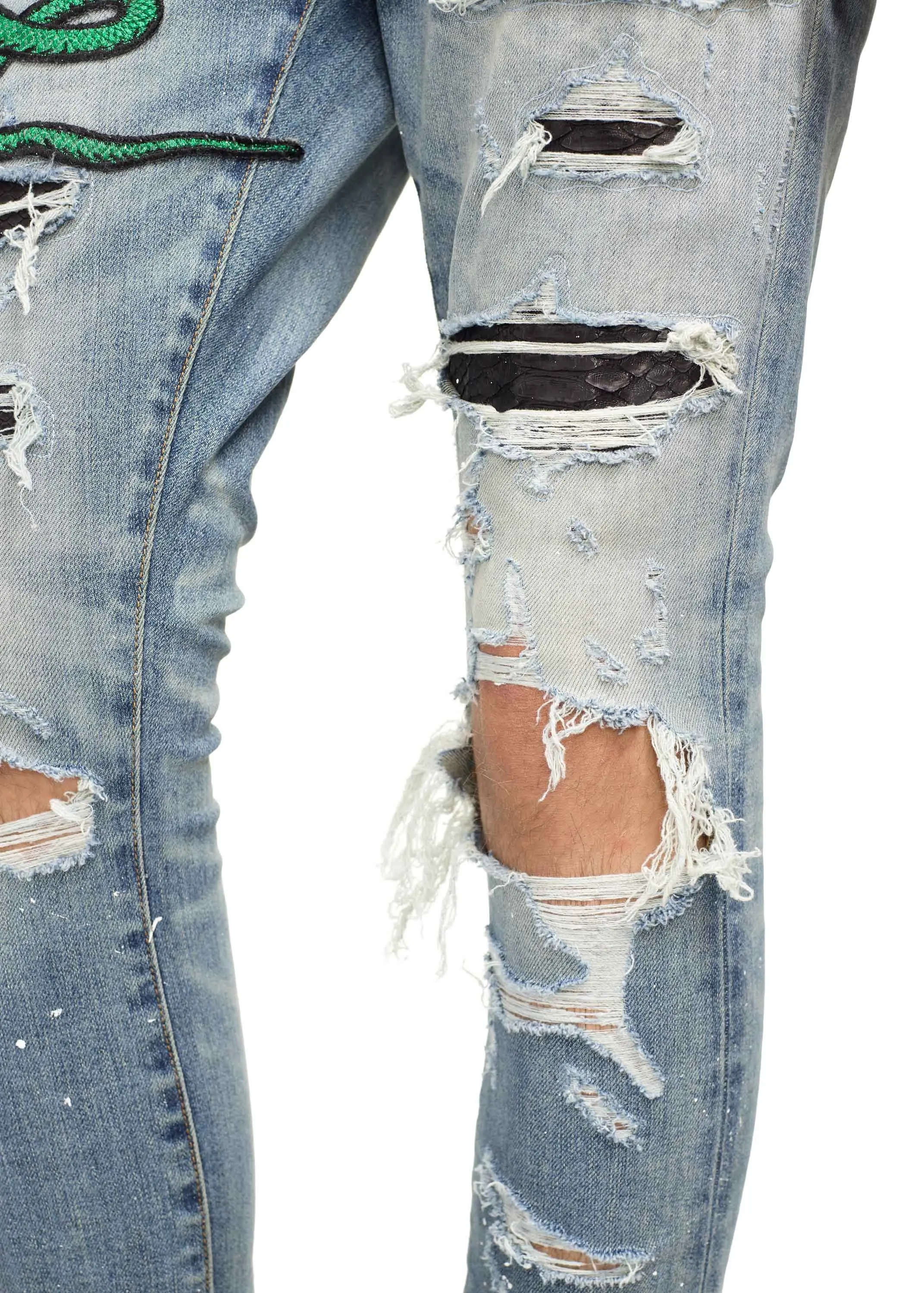 
DiZNEW 3D Distressed Stacks embroidered Snake Whiskers Denim Jean For Men 