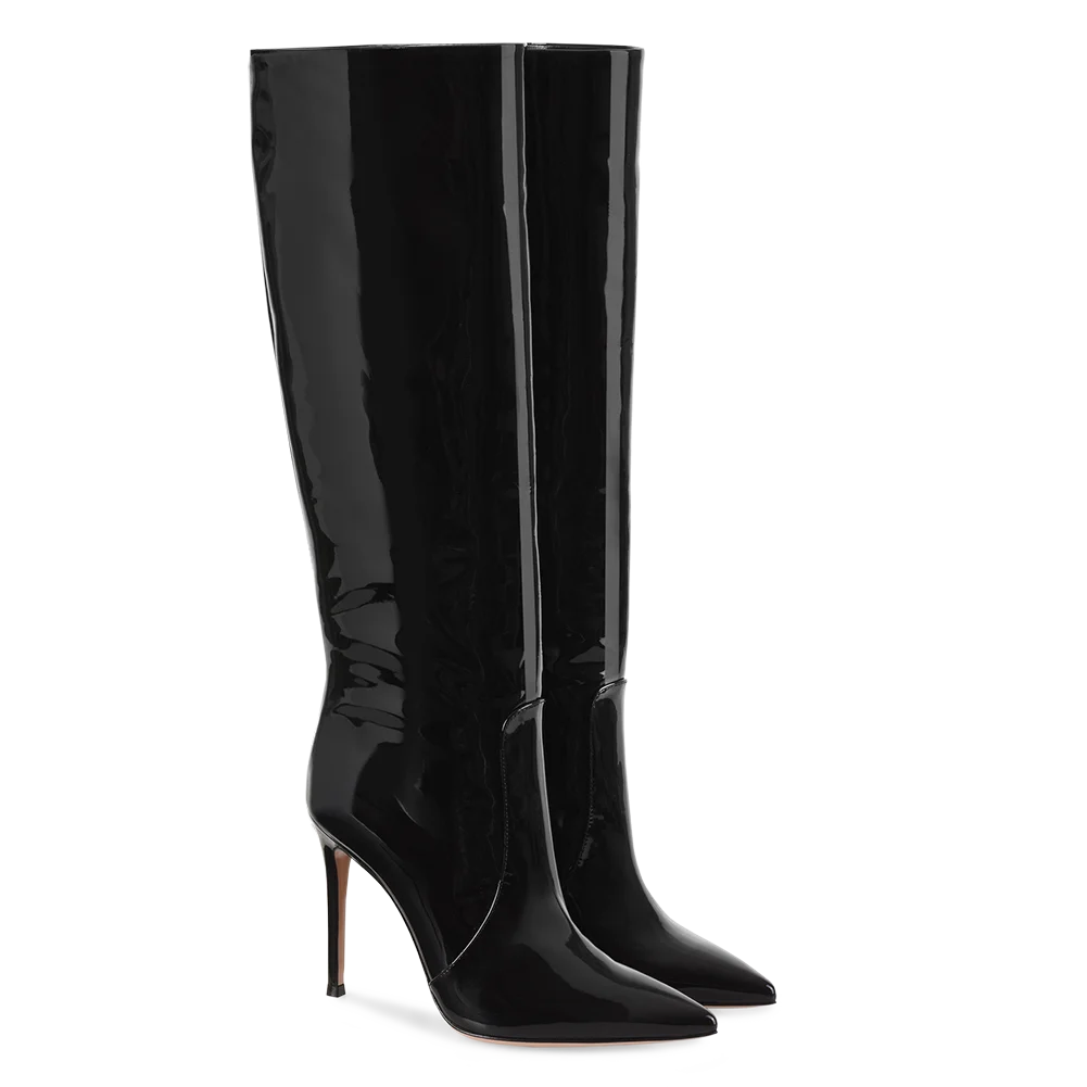 Trending Black Shiny Patent Leather Ladies Pointed Toe Thin Heel Knee High Boots Winter Women 