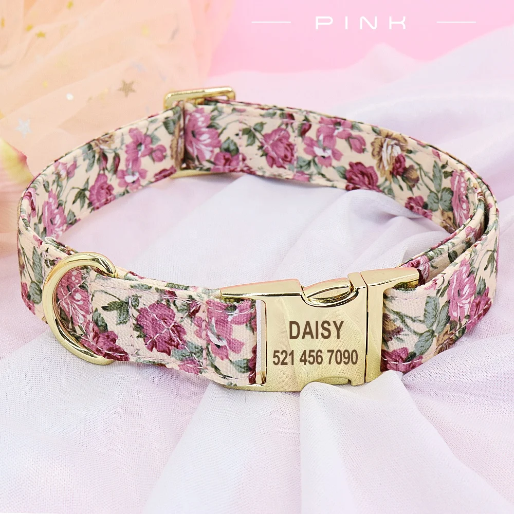 

Berry New Gold Nameplate Buckle Nylon Lining Printed Cloth Dog Collar De Perro For Dogs Pets, Blue, beige, pink