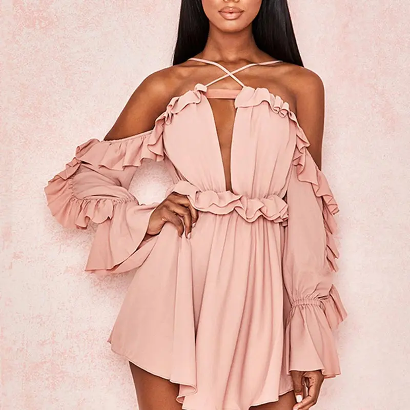 Pink Off Shoulder Chiffon Summer Dress Women Strapless Ruffles Pleated Short Beach Dress Holiday Boho Dress Casual Vestidos