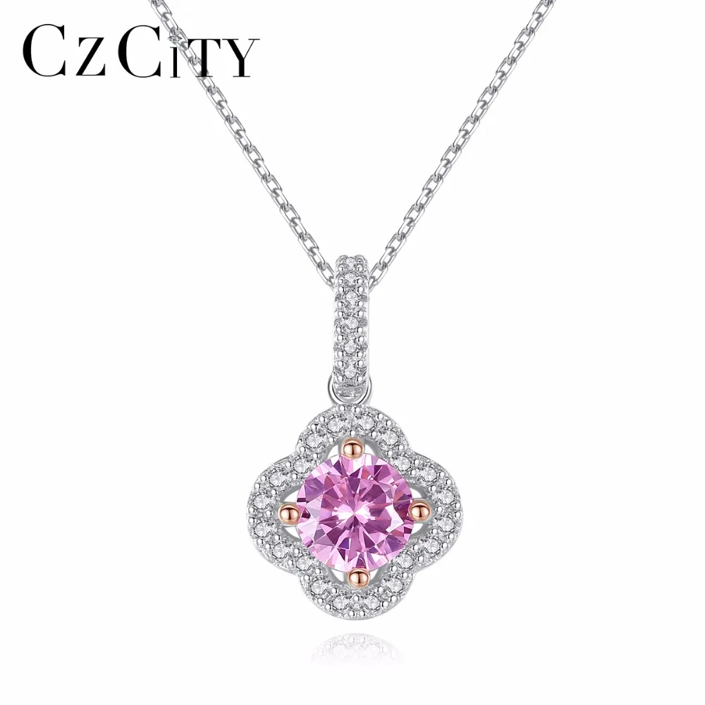 CZCITY Fancy Charming Flower Shaped Silver 925 Pendant Necklace With Cute Pink CZ Crystal Stone for Women Valentine's Day Gift