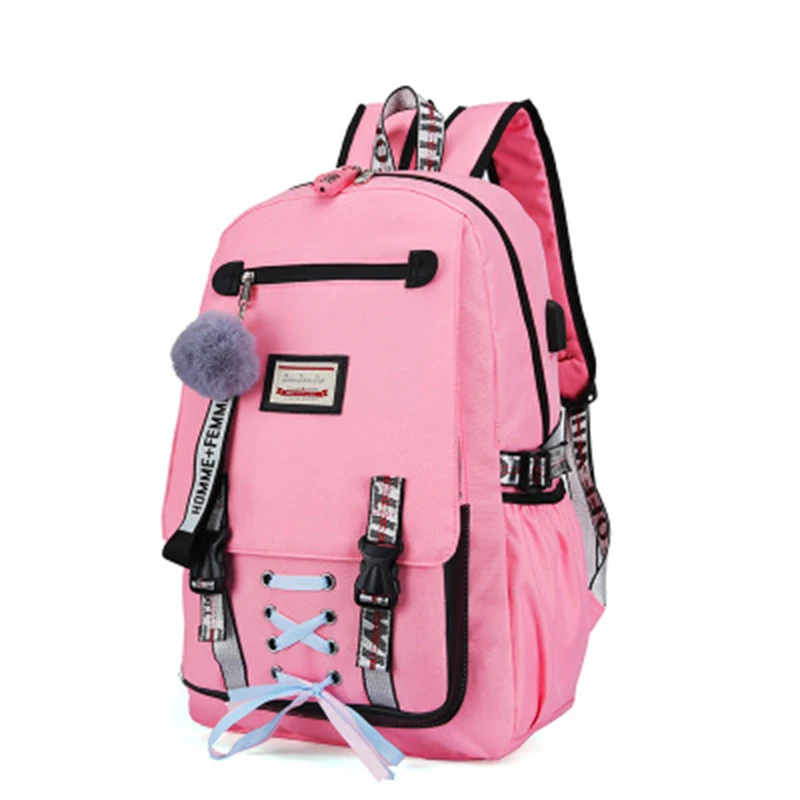 

Fashion Sport Casual Personality Cute Girls Solid Color Polyester Ribbon Usb Charging Anti-theft School Backpack