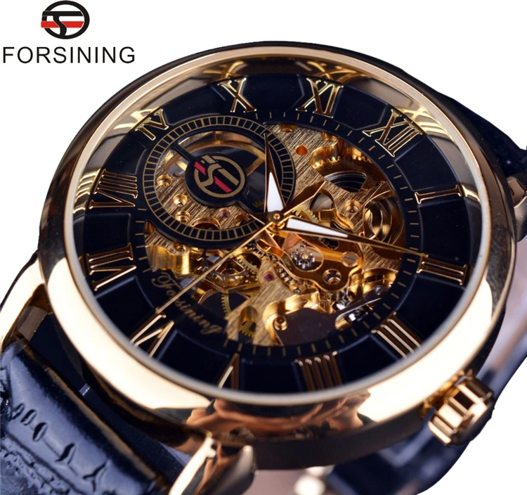 

Forsining 053 3d Logo Design Hollow Engraving Black Gold Case Leather Skeleton Mechanical Watches Men Luxury Brand
