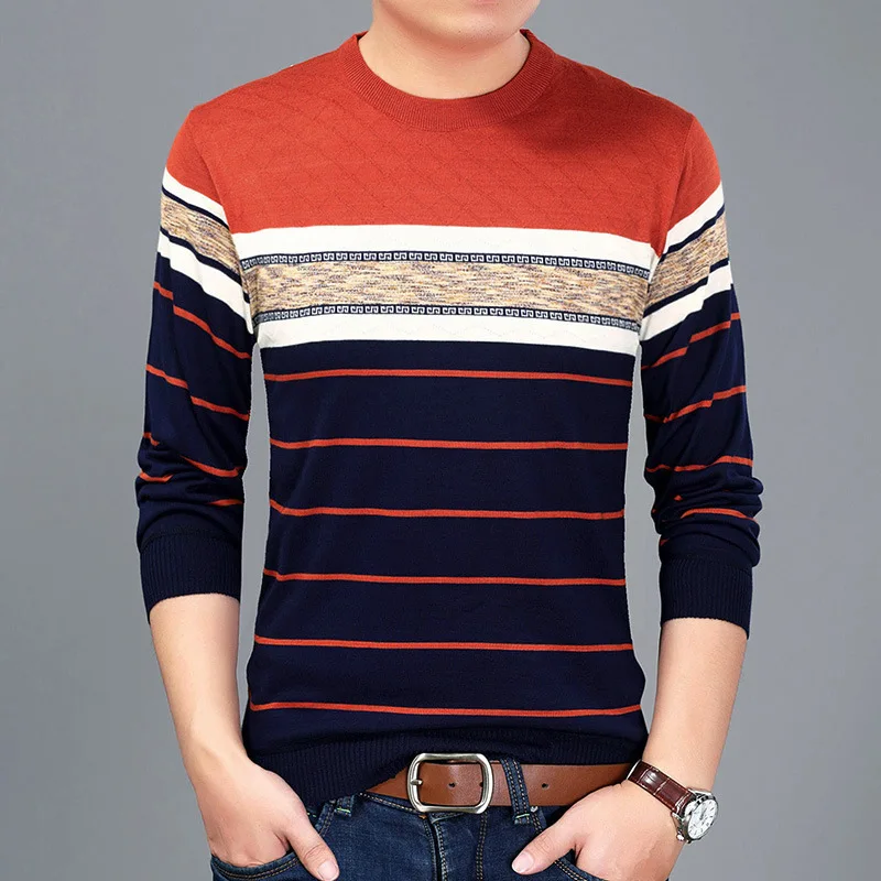 

winter fashion crew neck long sleeve stripe business mature man sweater, Black,orange,brown,blue