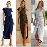 

2017 Summer Irregular Solid Round Neck Fashion Causal Women Short Sleeve Long Dress