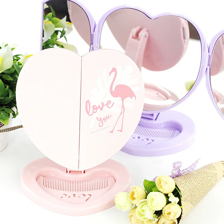 

Heart shape folding tabletop make up mirror with comb for women, Purple blue pink