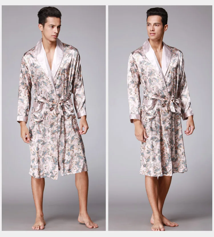 A6024 Mens Satin Silk Summer Pajamas Kimono Beige Bathrobe Robe