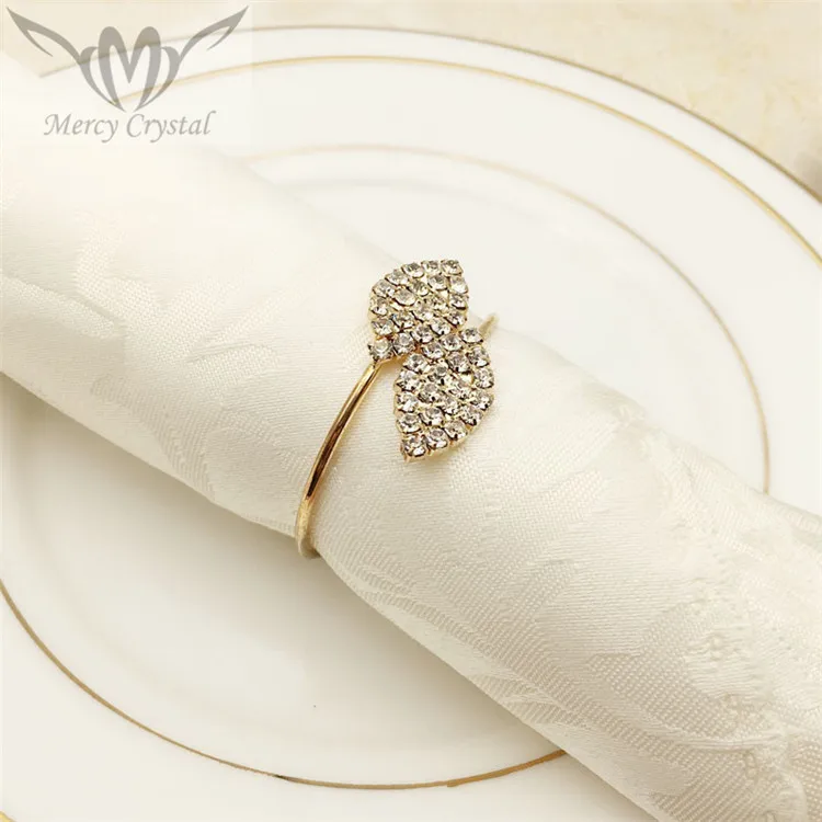 

Rose Gold Leaf Rhinestone Napkin Rings for Wedding Dinner Decoration