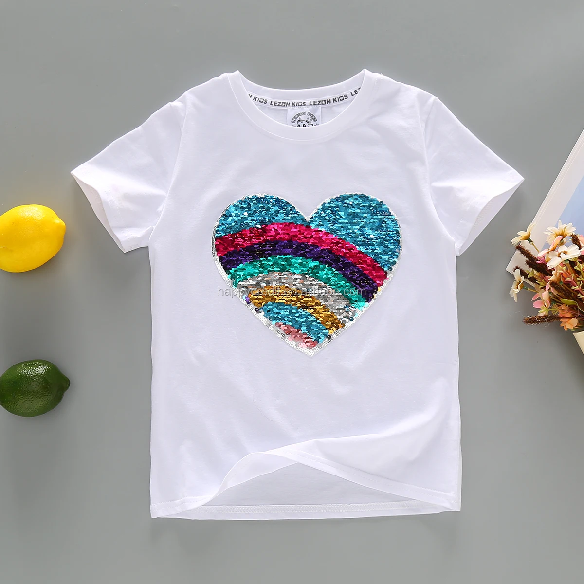 Girls Valentine Sequin Heart Shirt - Flip Sequin Ruffle Blouse For Ages 2-8 Years