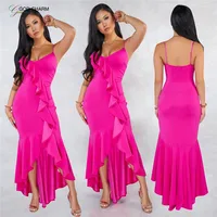 

GC-86971141 Wholesale African 2019 Lady Spaghetti Strap Ruffle Sexy Asymmetrical Pleated Maxi Dress