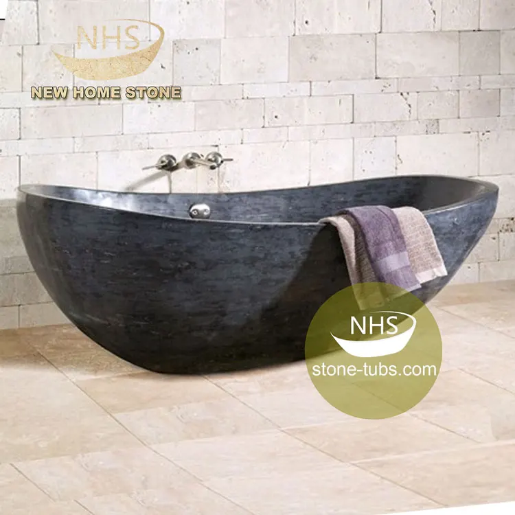 Stone Bathtub Hand Carved Half Gray Chiseled Rough Finished Surface