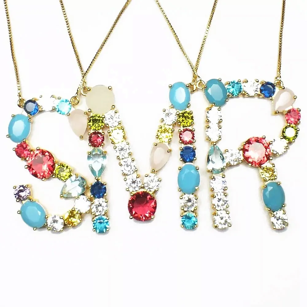 

Fashion colorful cz stone gold plated rainbow initial capital letter necklace pendant