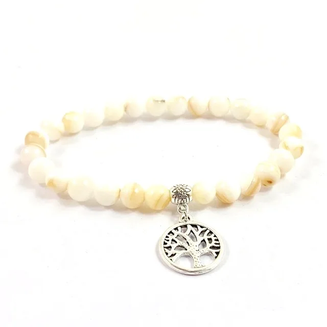 

Gemstone 6mm Mother of pearl bracelet with Tree of life charm packaged in giftbox and property description of the stone hot item