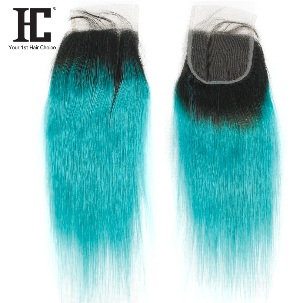 

Human Hair Closure Virgin Brazilian 1B /Sky Blue Hair Closure Piece Virgin Hair 3 Bundles With 4X4 Lace Closure