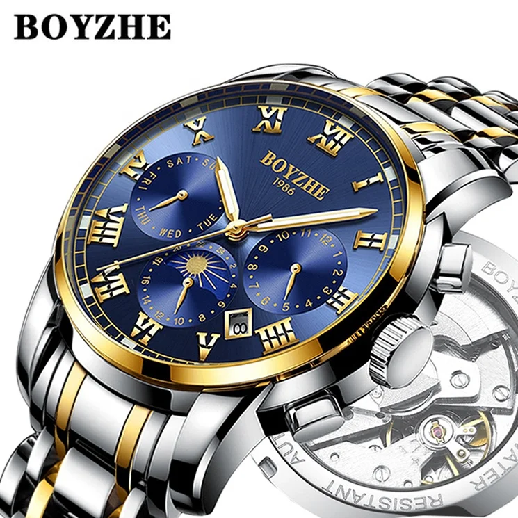 

BOYZHE fashion two-tone gold waterproof stainless steel back tourbillon mechanical automatic skeleton man watch