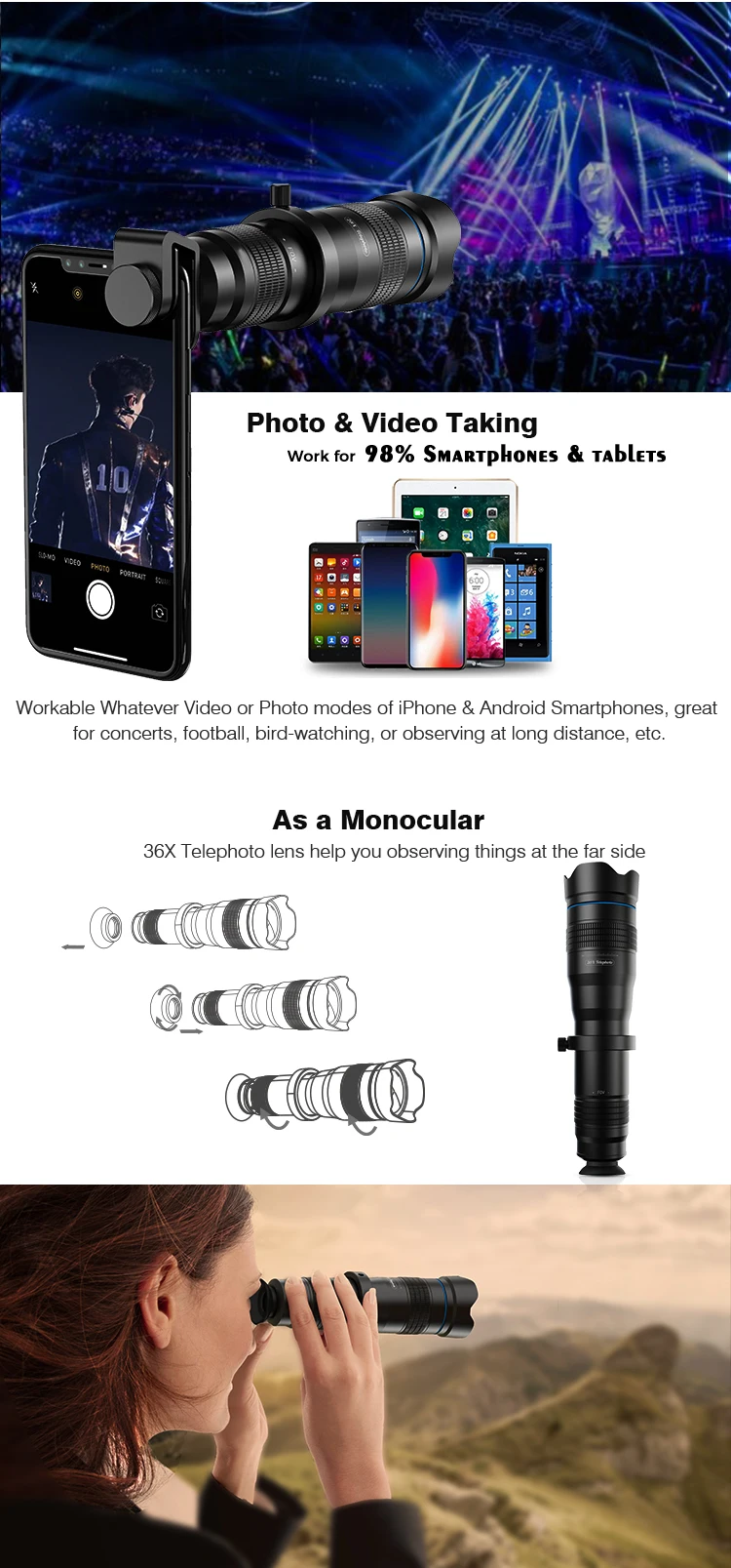 2019 Amazon Hot Selling Mobile Phone Telescope 36X Telephone Telephoto Optical Zoom Camera Lens for Cell Phone