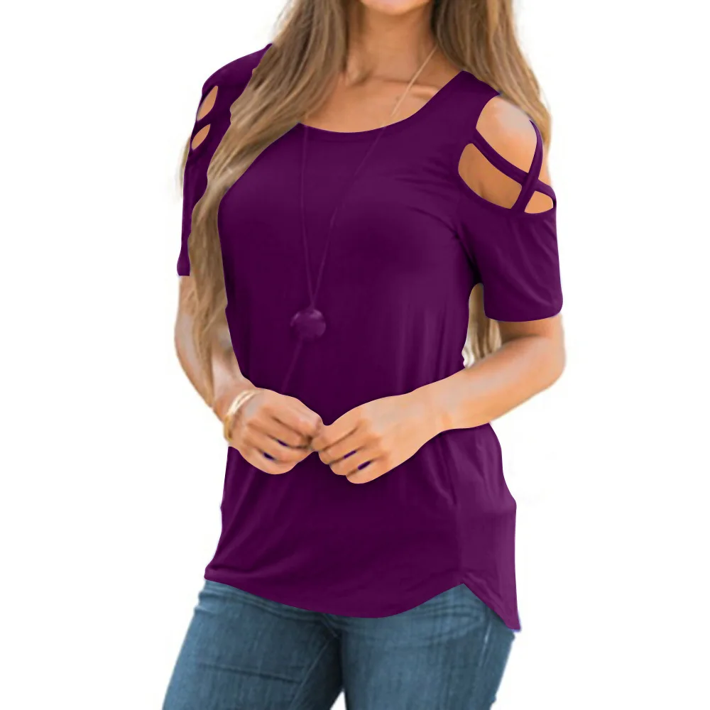 

Short Sleeve Cold Shoulder T Shit Tops Casual Loose Blouse Round Neck Tunics