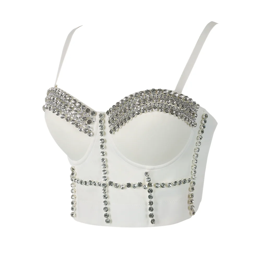 

Wholesale sliver sexy white rhinestone beaded bustier women, tank top transparent fat women sexy corset bustier