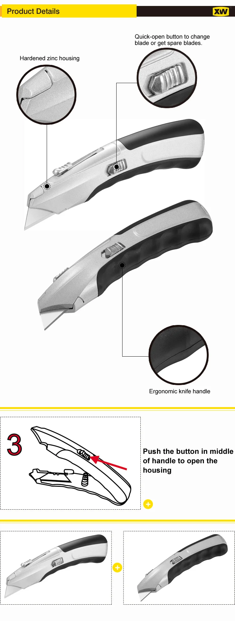 ErgonomicTPR rubber handle zinc housing replacement blades utility knife