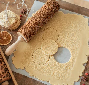 Image of new design 100% beech wood handmade Embossed Rolling Pin flower Pattern For Baking And Cookies Customized acceptable