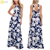 Womens Summer Maxi Dresses Ladies Boho Dress Sleeveless Blue Halter Neck Floral Print Long Dress
