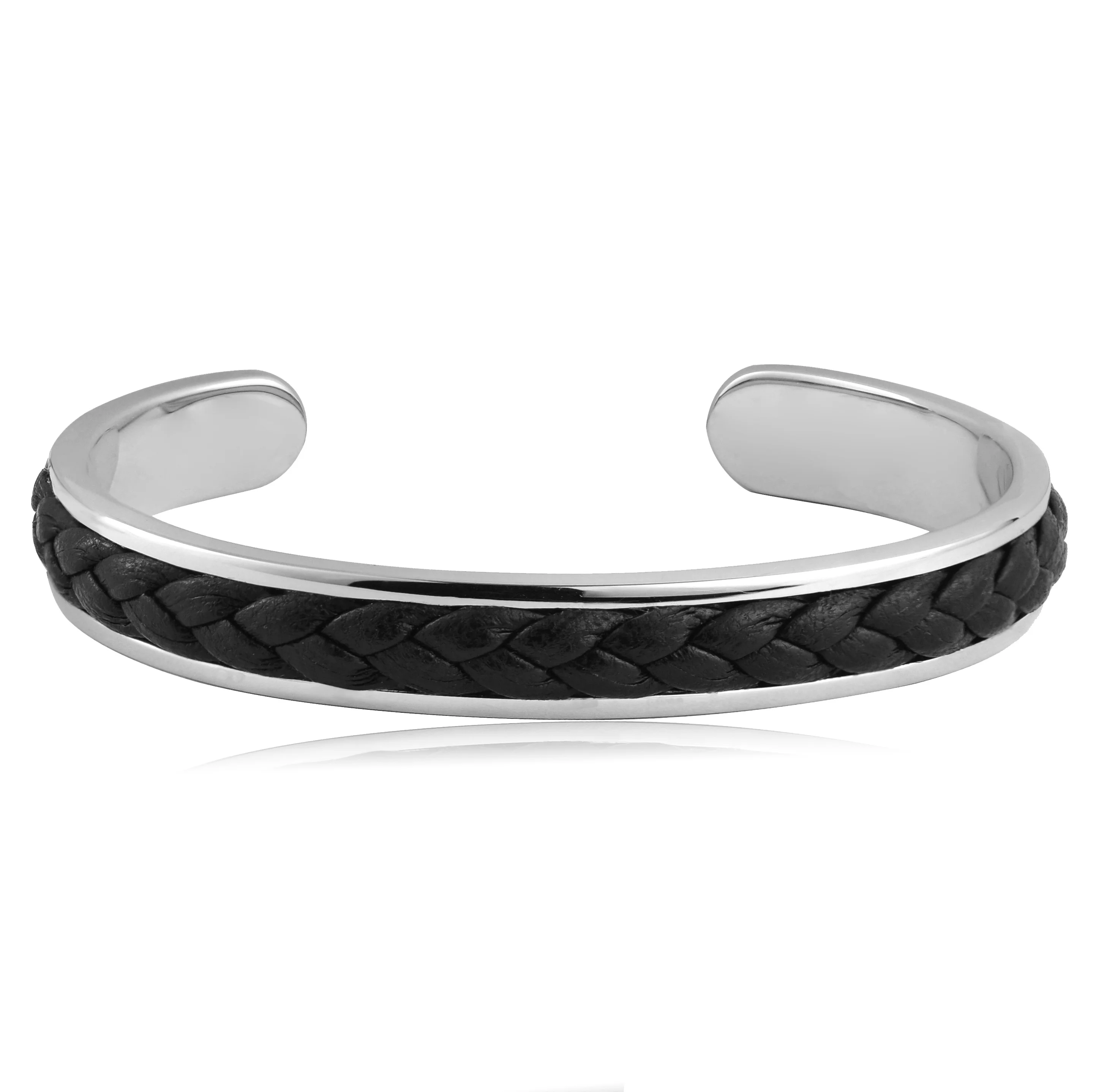 

Black Leather Rope Bangle Stainless Steel Cuff Bangle Bracelet Men Women