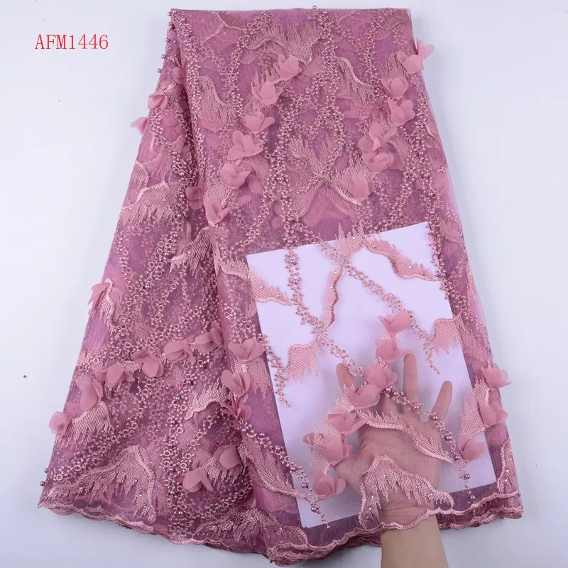 

Onion Color Popular African Tulle Lace With Beads Embroidered Appliques French Net 3D Flower Lace Fabric For Dress 1446