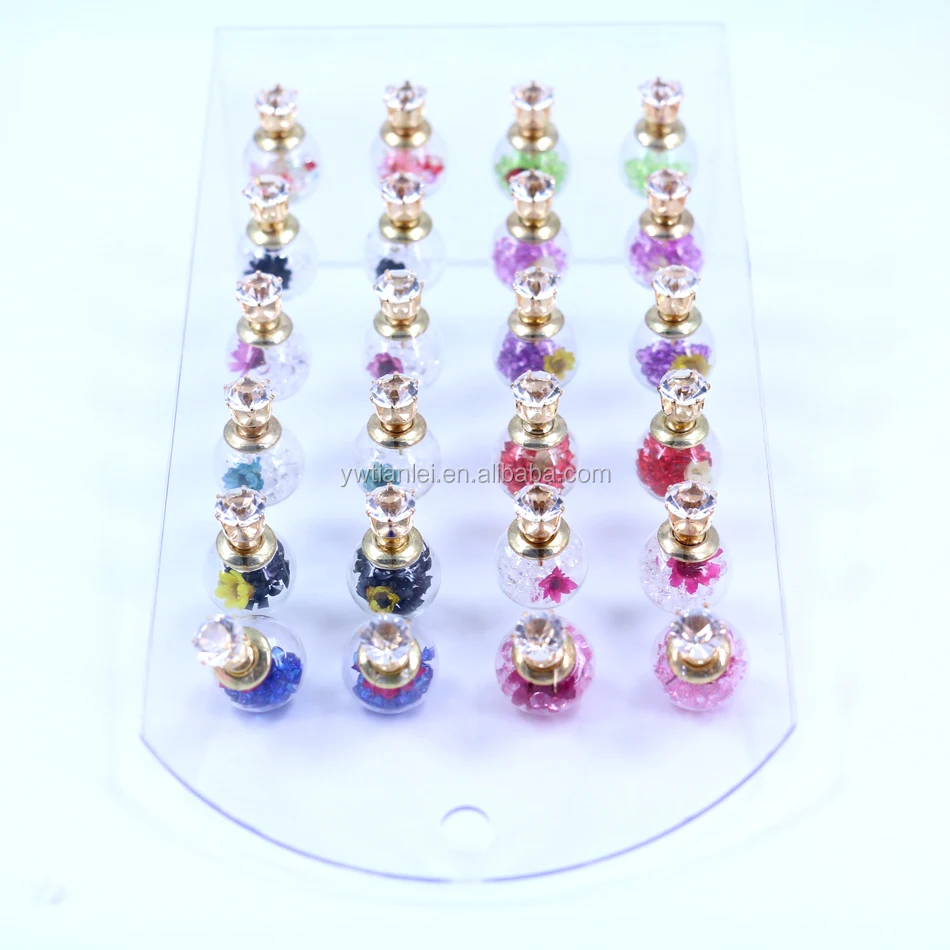 

Free Shipping Small Lot Wholesale 12pairs Colorful Rhinestones And Dry Flower Filled Double Faced Glass Ball Crystal Studs, Mixed colors in one card