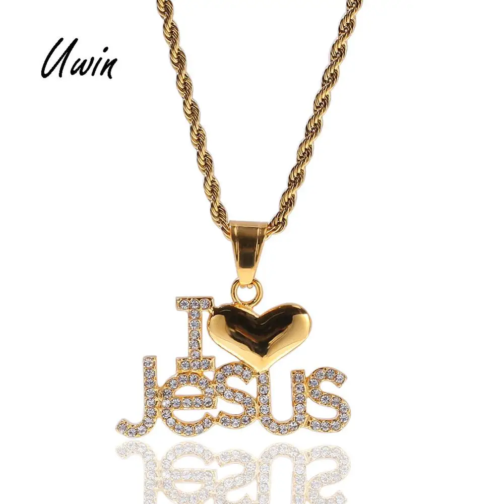

Uwin Charms Jewelry Iced Out I Love Jesus Statement Crystal Pendant Heart Shape Fashion Trendy Stainless Steel Necklace Unisex, Gold