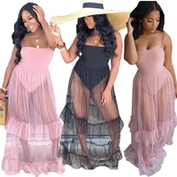 

New Arrivals Summer Fashion Women Casual Spaghetti Shoulder Girdle Sleeveless Solid See-through Mesh Patchwork Maxi Dress