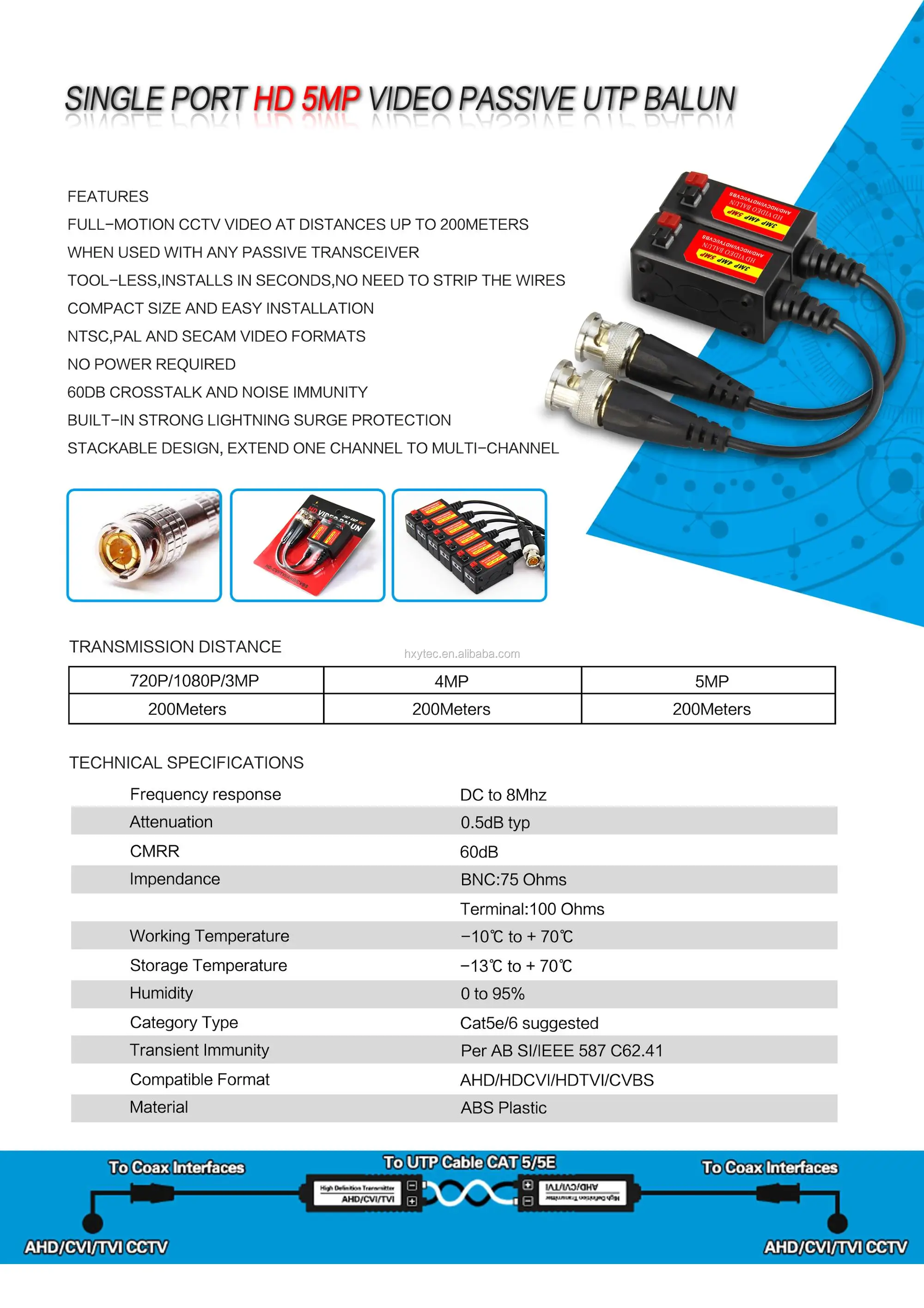 3mp 4mp 5mp Hd Video Balun For Hd Cvi Hdtvi Ahd Cctv Camera Utp 1ch Hd Passive Transceiver Buy