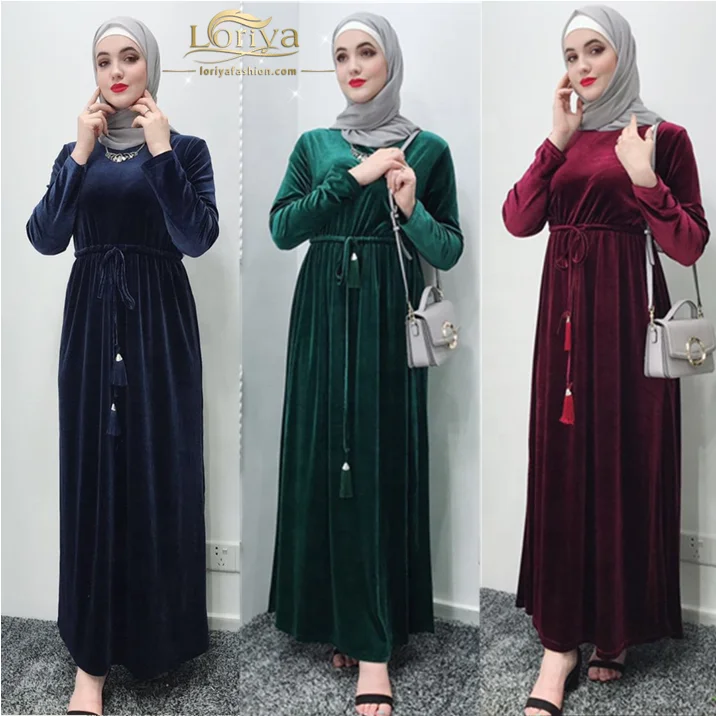 

New arrival high quality fashion muslim velvet maix dress abaya long sleeve islamic clothing, Black, navy,wine red, dark green