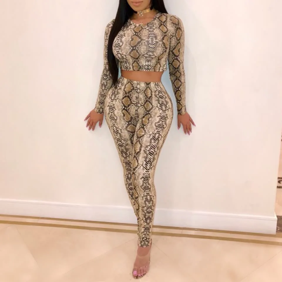 

A8071 Snake Print Two Pieces Rompers Womens Jumpsuit Long Elegant Crop Top Sexy Club Jumpsuits Playsuit Skinny overalls