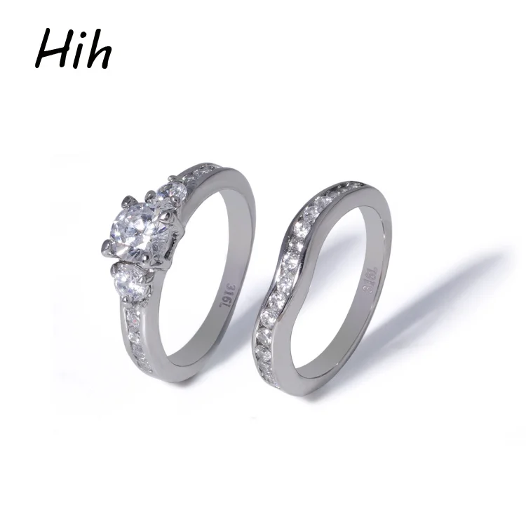 

Stainless Steel Simple CZ Engagement Bridal Wedding Couple Ring Set