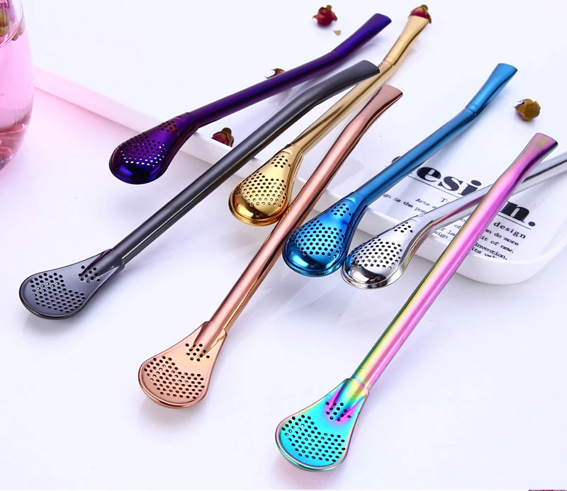 

Stainless Steel 304 Filter Spoon Bombilla Straw KTV bar reusable colorful metal straws, Black blue purple gold rosegold