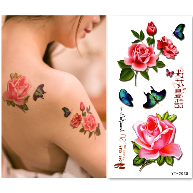 

Hot Selling 3D Butterfly Rose Flower Sticker Sexy Temporary Tattoo for Adults, Red/blue/black/green