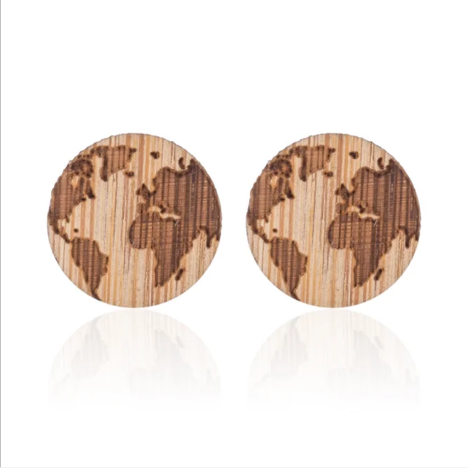 Women Fashion Simple Wooden Circle Round Map Ear Studs Wooden Earrings Jewelry