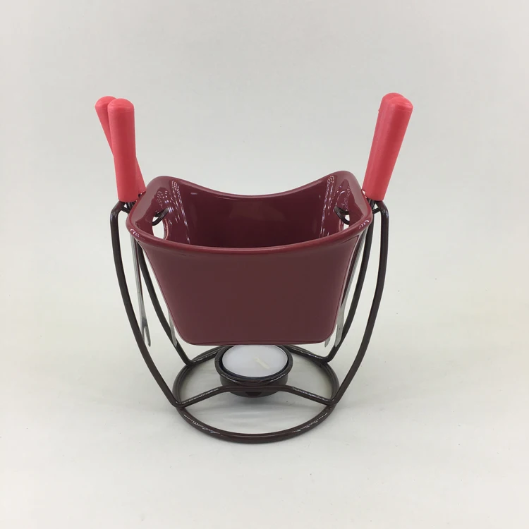 Glazed safety personalized ceramic cheap mini cheese fondue pots choclate fondue set with dippers