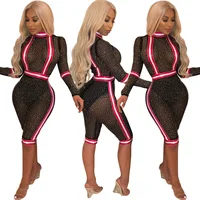 

Women Sexy Mesh See Through Hot Drilling Long Sleeve Stripe Print Bodycon Romper Jumpsuit Clubwear sexy lingerie