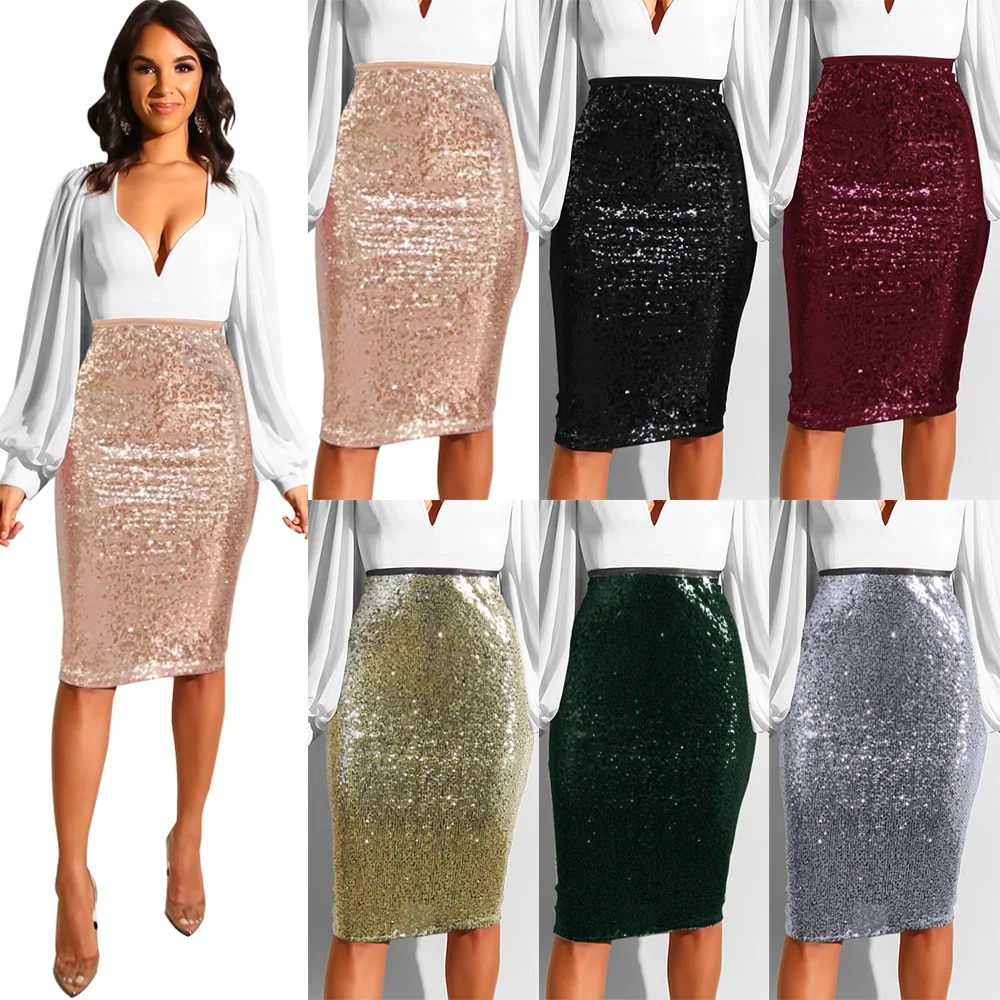 

2019 Summer Sequin Skirts Women Straight Knee Length Glitter Pencil Skirt WNY K8699